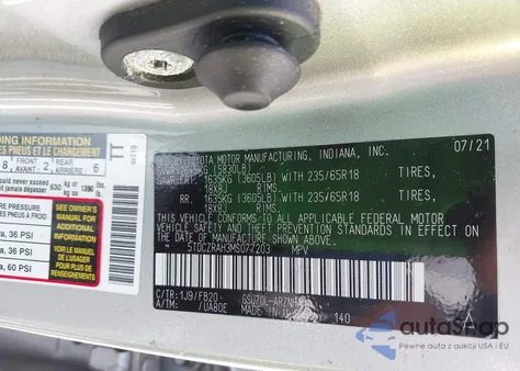 2021 Toyota Highlander L z USA, uszkodzony, nr VIN 5TDCZRAH3MS077203